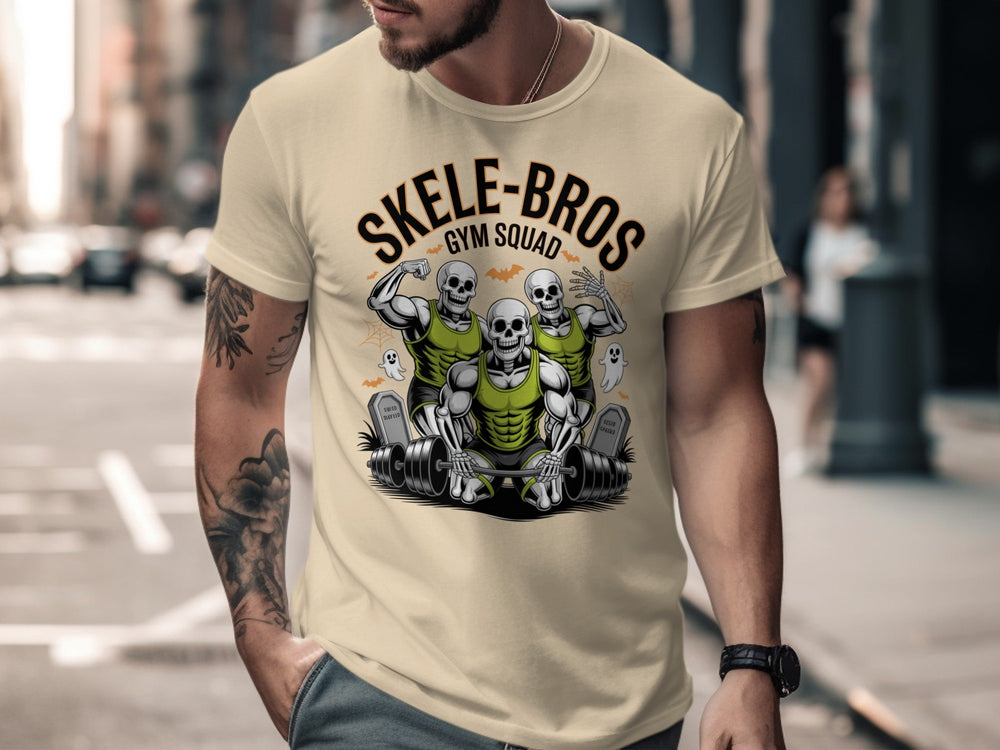 Halloween T-shirt for men with Skele-Bros skeletons lifting a heavy barbell gym squad graphic