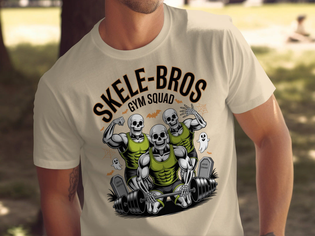 Halloween T-shirt for men with Skele-Bros skeletons lifting a heavy barbell gym squad graphic
