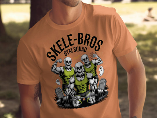 Halloween T-shirt for men with Skele-Bros skeletons lifting a heavy barbell gym squad graphic