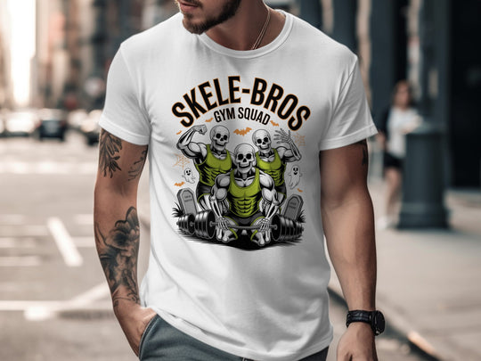 Halloween T-shirt for men with Skele-Bros skeletons lifting a heavy barbell gym squad graphic