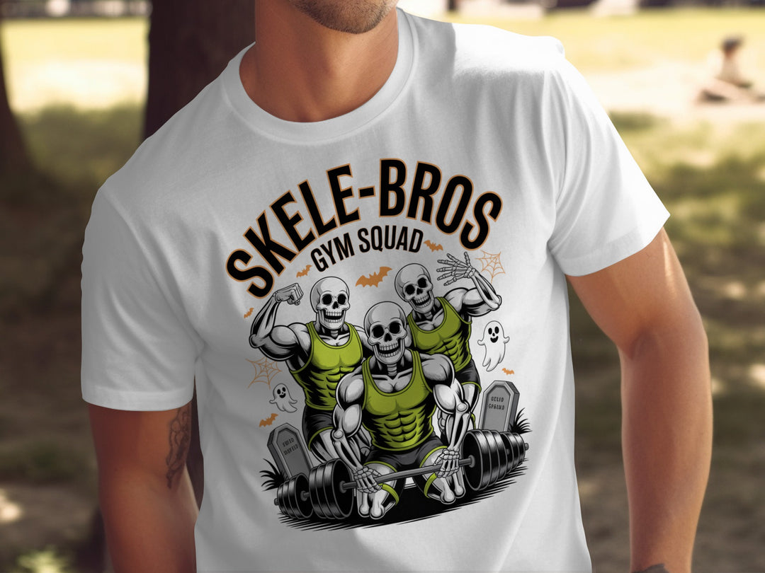 Halloween T-shirt for men with Skele-Bros skeletons lifting a heavy barbell gym squad graphic
