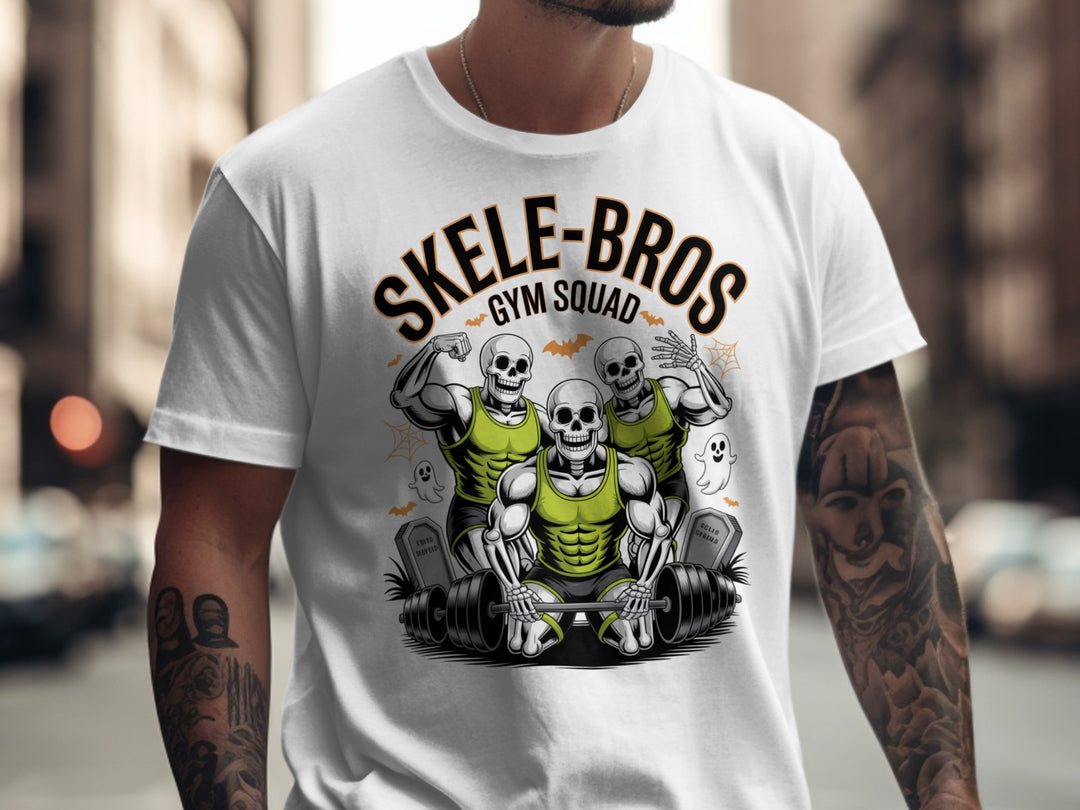 Halloween T-shirt for men with Skele-Bros skeletons lifting a heavy barbell gym squad graphic