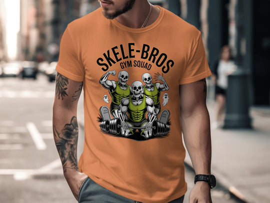 Halloween T-shirt for men with Skele-Bros skeletons lifting a heavy barbell gym squad graphic
