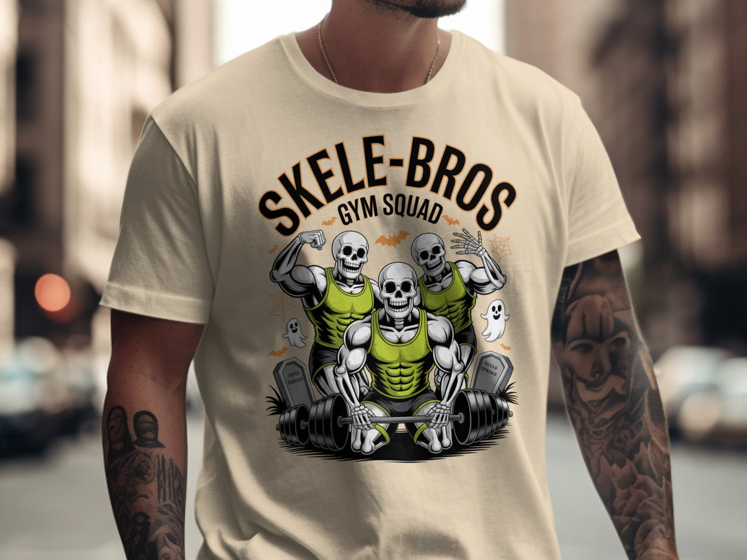 Halloween T-shirt for men with Skele-Bros skeletons lifting a heavy barbell gym squad graphic
