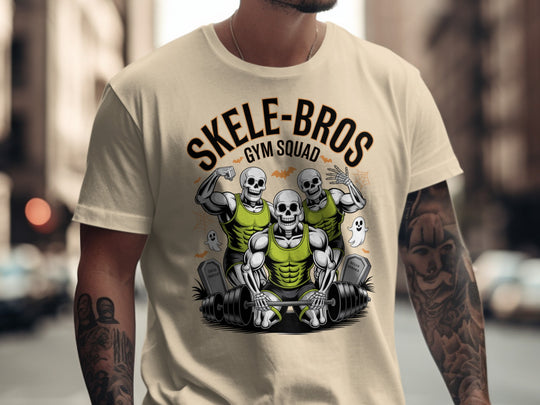 Halloween T-shirt for men with Skele-Bros skeletons lifting a heavy barbell gym squad graphic