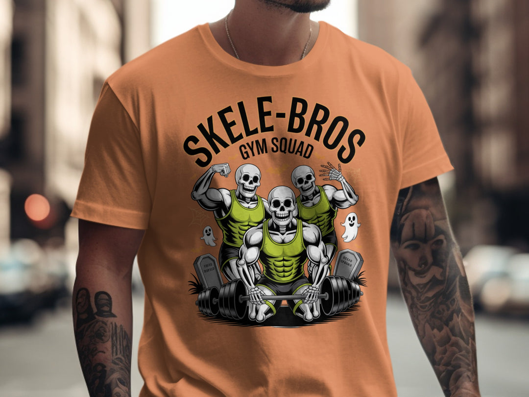 Halloween T-shirt for men with Skele-Bros skeletons lifting a heavy barbell gym squad graphic