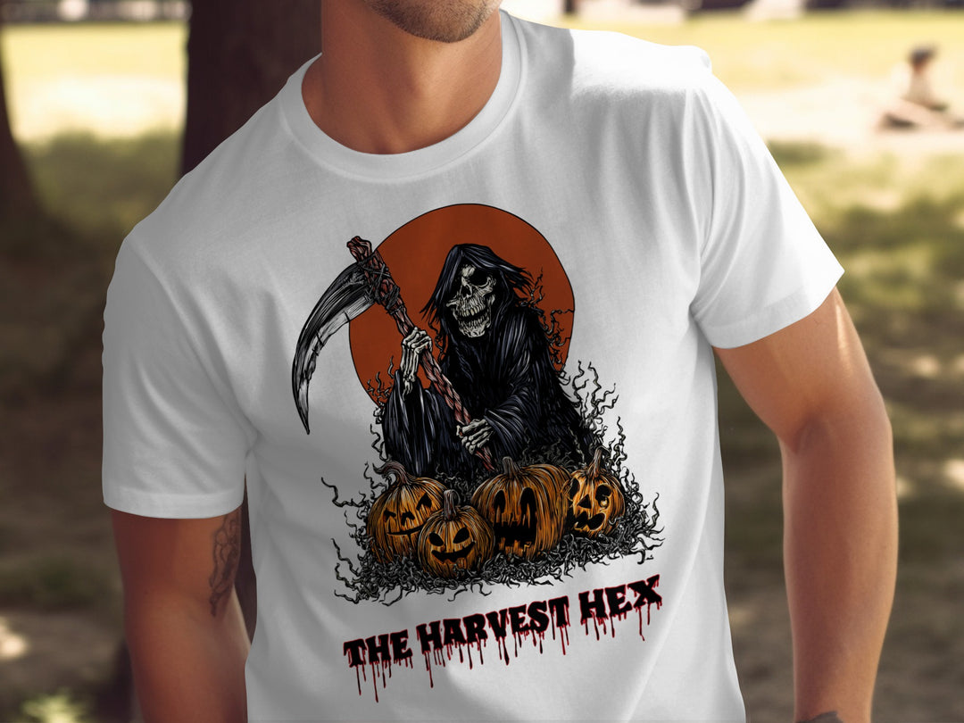 Halloween T-shirt for men with grim reaper, scythe, jack-o’-lanterns and harvest moon graphic
