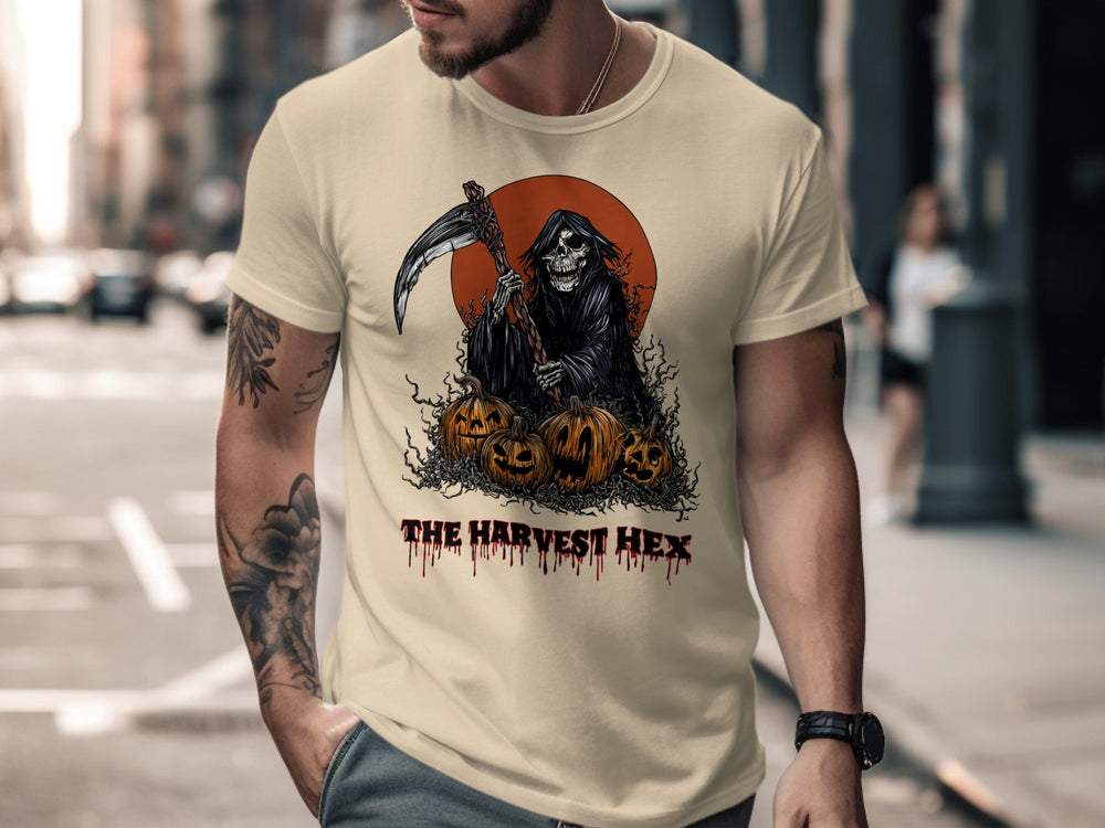 Halloween T-shirt for men with grim reaper, scythe, jack-o’-lanterns and harvest moon graphic