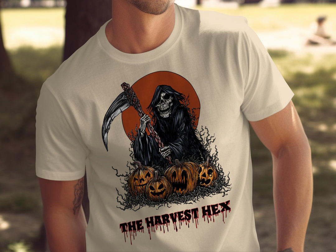 Halloween T-shirt for men with grim reaper, scythe, jack-o’-lanterns and harvest moon graphic