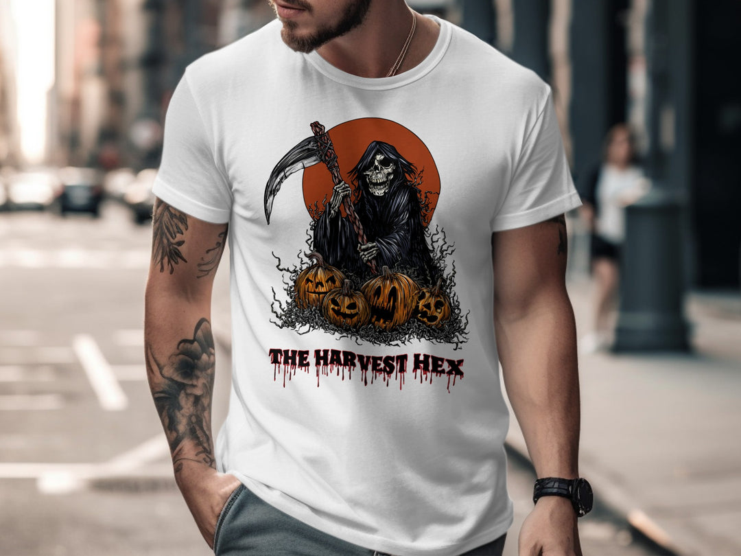 Halloween T-shirt for men with grim reaper, scythe, jack-o’-lanterns and harvest moon graphic