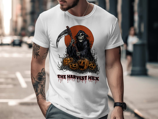 Halloween T-shirt for men with grim reaper, scythe, jack-o’-lanterns and harvest moon graphic