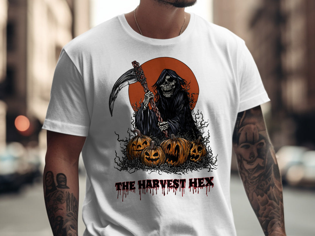 Halloween T-shirt for men with grim reaper, scythe, jack-o’-lanterns and harvest moon graphic