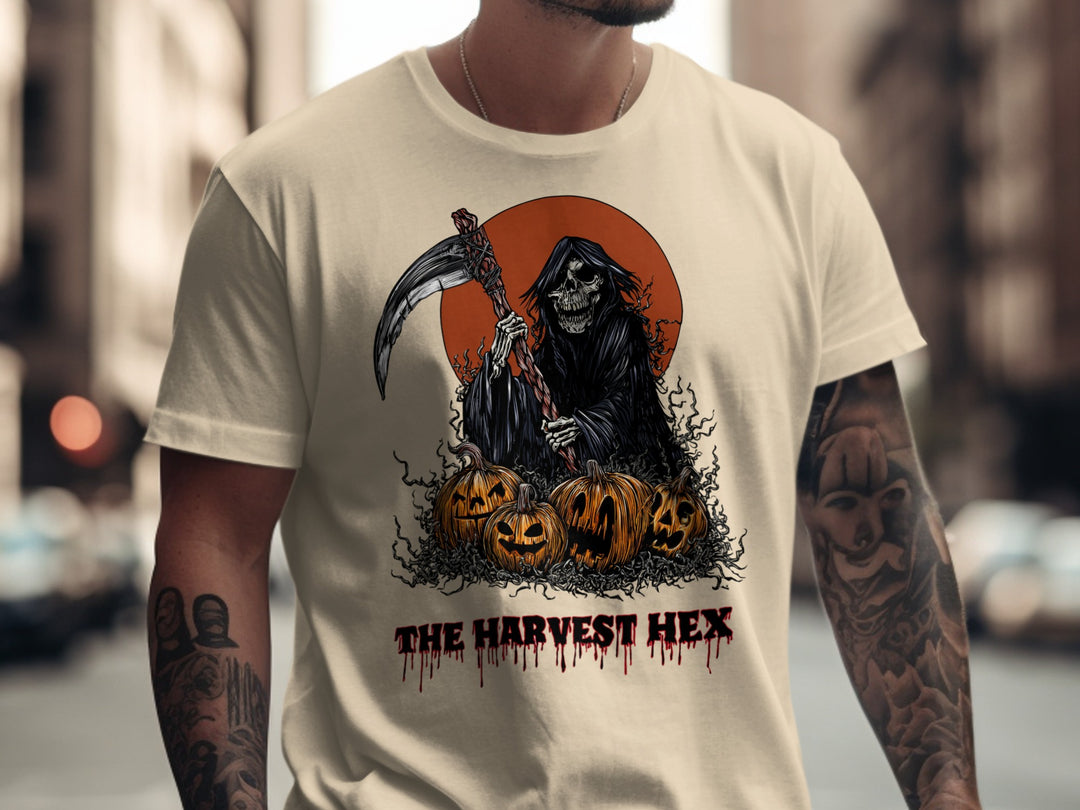 Halloween T-shirt for men with grim reaper, scythe, jack-o’-lanterns and harvest moon graphic