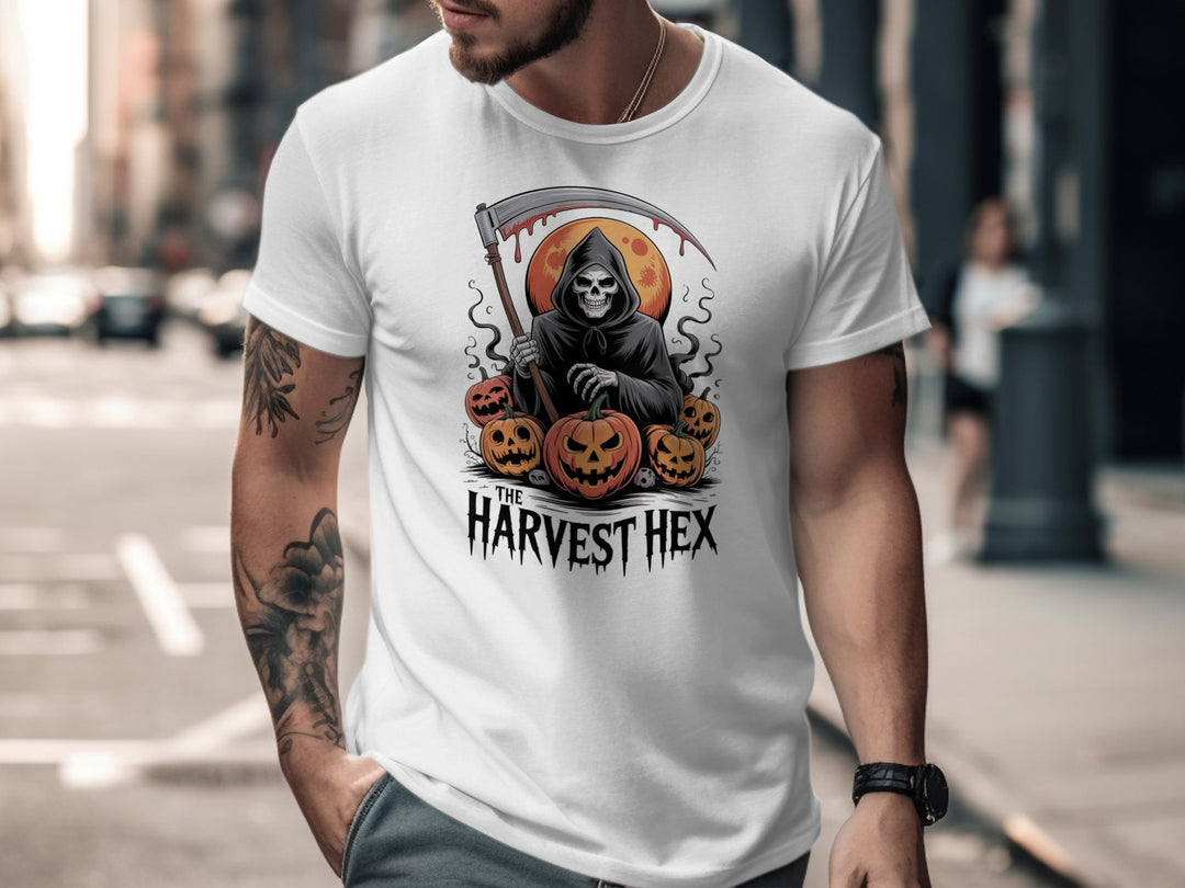 Halloween T-shirt for men with grim reaper holding scythe, jack-o’-lanterns and blood-red moon