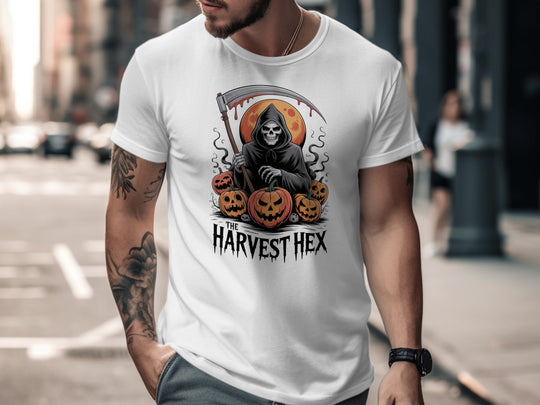 Halloween T-shirt for men with grim reaper holding scythe, jack-o’-lanterns and blood-red moon