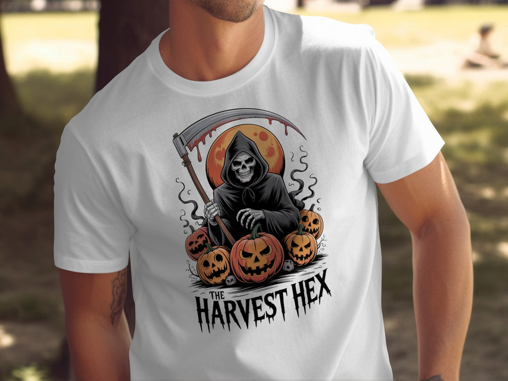 Halloween T-shirt for men with grim reaper holding scythe, jack-o’-lanterns and blood-red moon