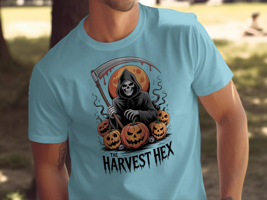 Halloween T-shirt for men with grim reaper holding scythe, jack-o’-lanterns and blood-red moon