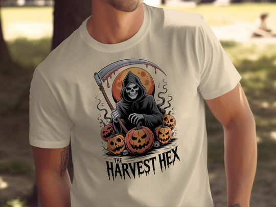 Halloween T-shirt for men with grim reaper holding scythe, jack-o’-lanterns and blood-red moon
