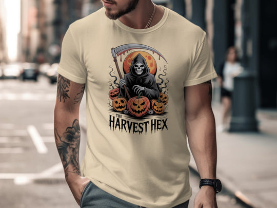 Halloween T-shirt for men with grim reaper holding scythe, jack-o’-lanterns and blood-red moon