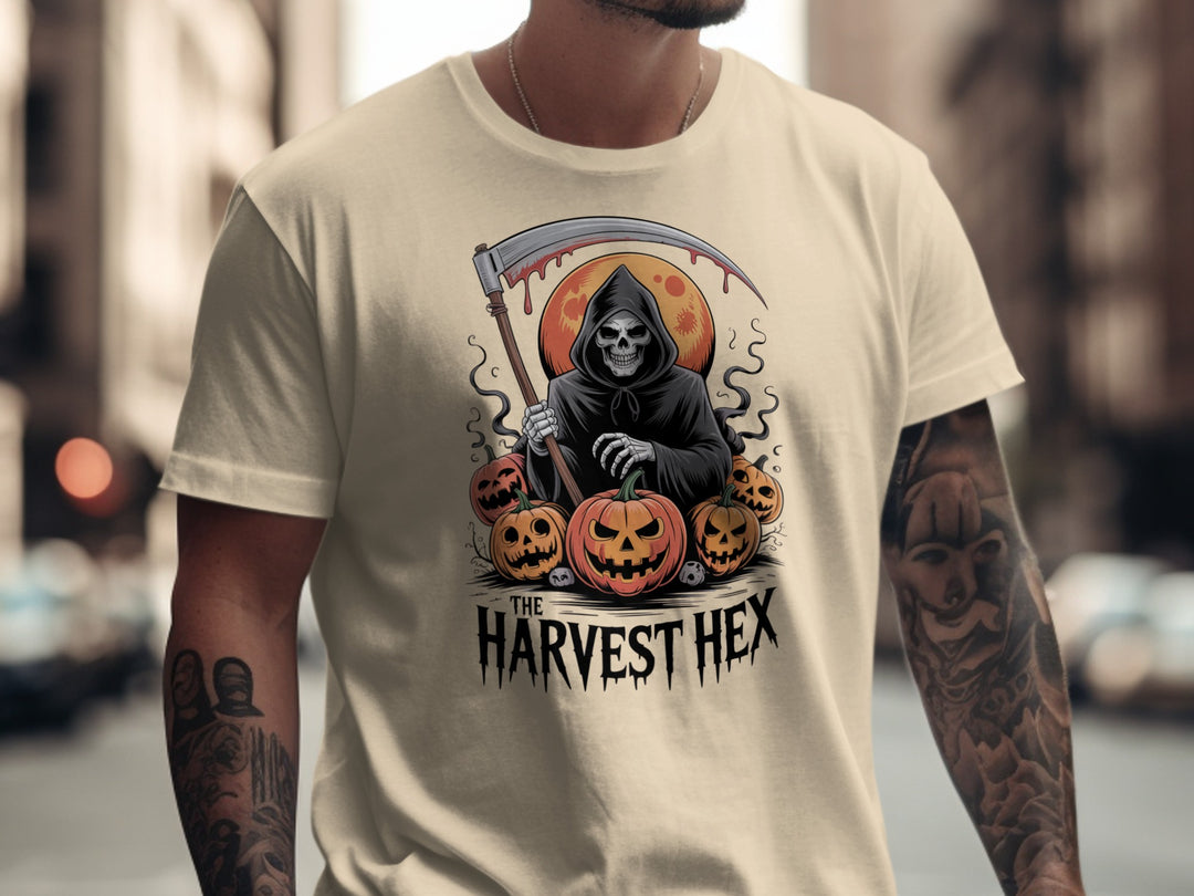 Halloween T-shirt for men with grim reaper holding scythe, jack-o’-lanterns and blood-red moon
