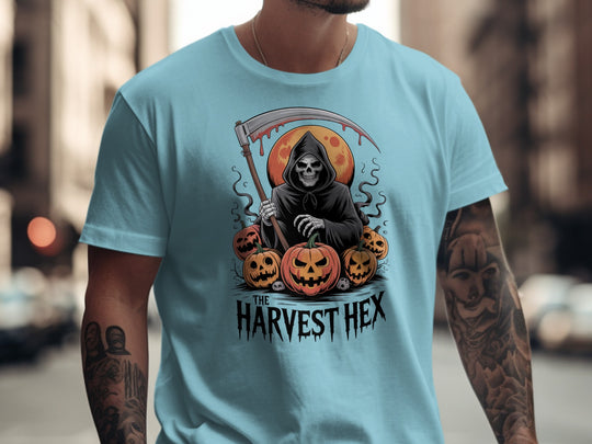 Halloween T-shirt for men with grim reaper holding scythe, jack-o’-lanterns and blood-red moon