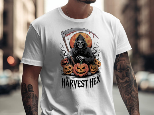 Halloween T-shirt for men with grim reaper holding scythe, jack-o’-lanterns and blood-red moon