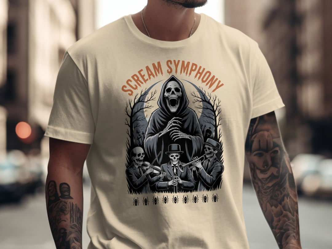 Halloween T-shirt for men with grim reaper conductor and skeleton band graphic