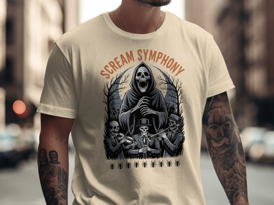 Halloween T-shirt for men with grim reaper conductor and skeleton band graphic