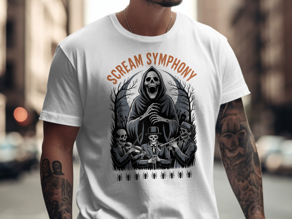 Halloween T-shirt for men with grim reaper conductor and skeleton band graphic