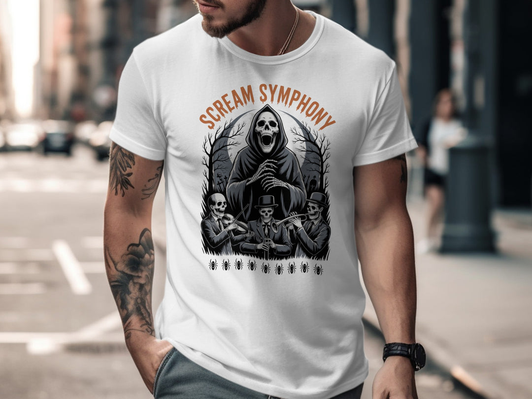 Halloween T-shirt for men with grim reaper conductor and skeleton band graphic