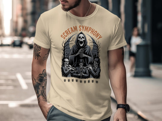 Halloween T-shirt for men with grim reaper conductor and skeleton band graphic