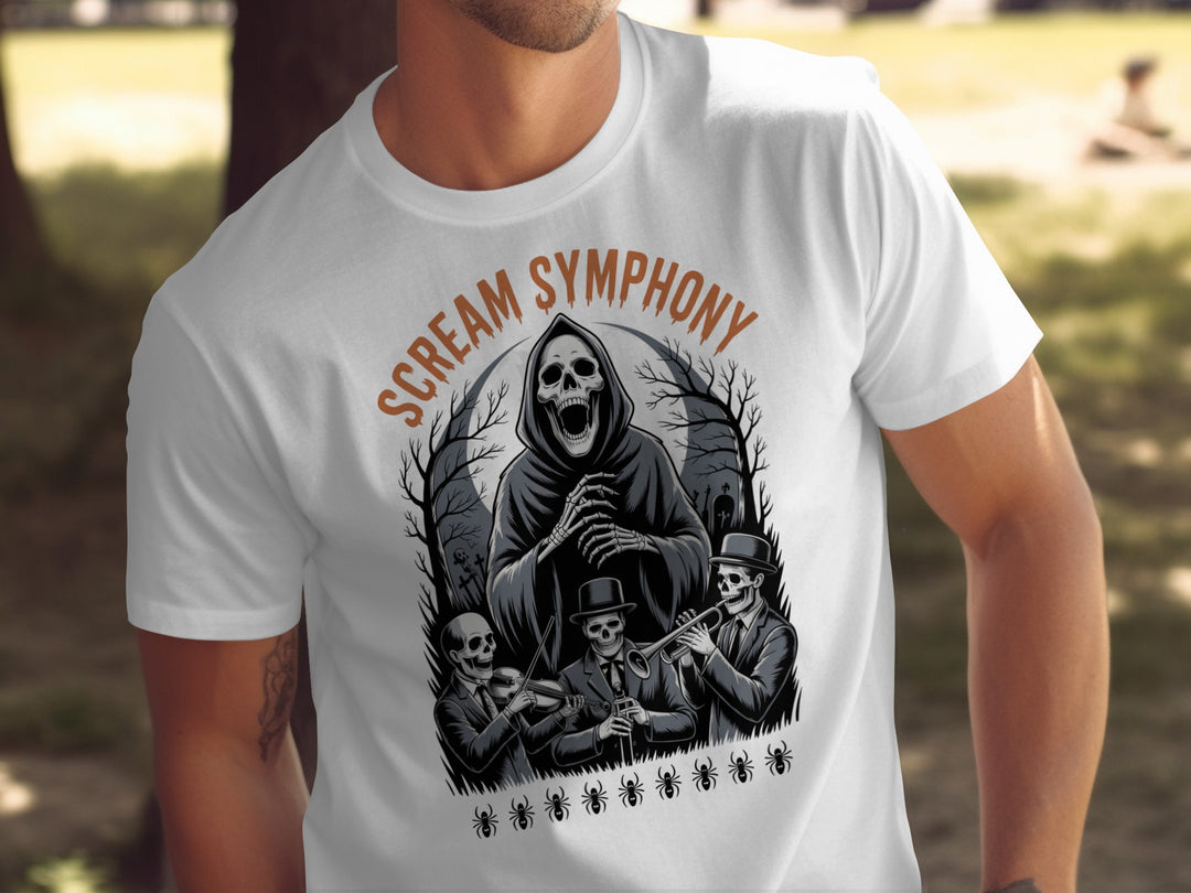 Halloween T-shirt for men with grim reaper conductor and skeleton band graphic