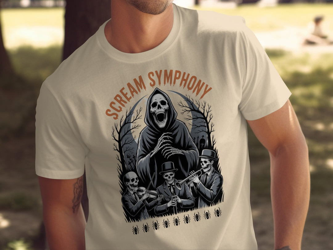 Halloween T-shirt for men with grim reaper conductor and skeleton band graphic