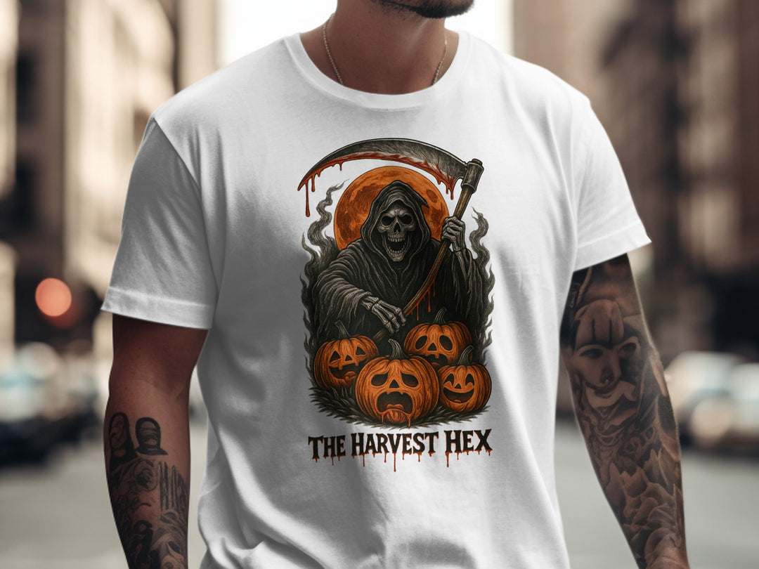 Halloween T-shirt for men with grim reaper, jack-o’-lanterns and harvest moon graphic