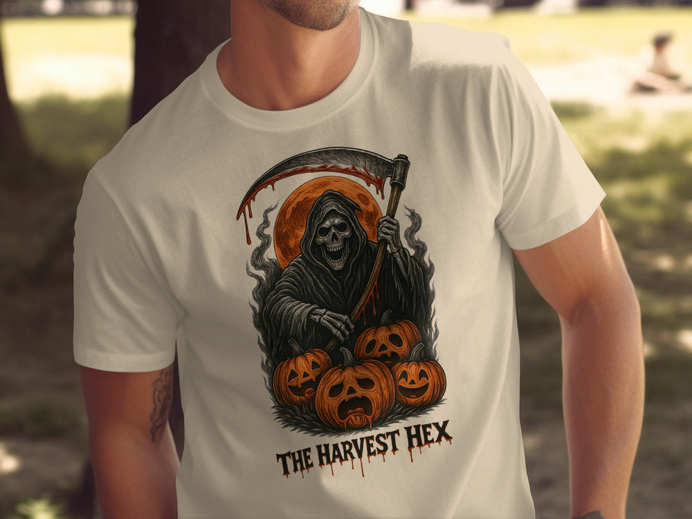 Halloween T-shirt for men with grim reaper, jack-o’-lanterns and harvest moon graphic