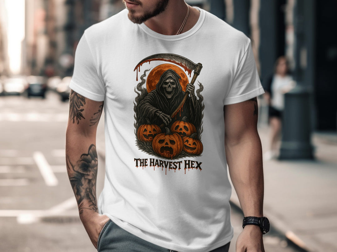Halloween T-shirt for men with grim reaper, jack-o’-lanterns and harvest moon graphic