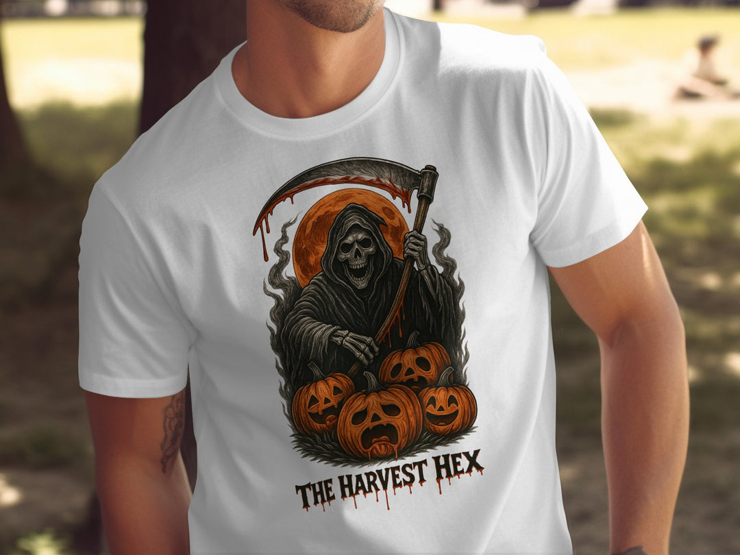 Halloween T-shirt for men with grim reaper, jack-o’-lanterns and harvest moon graphic