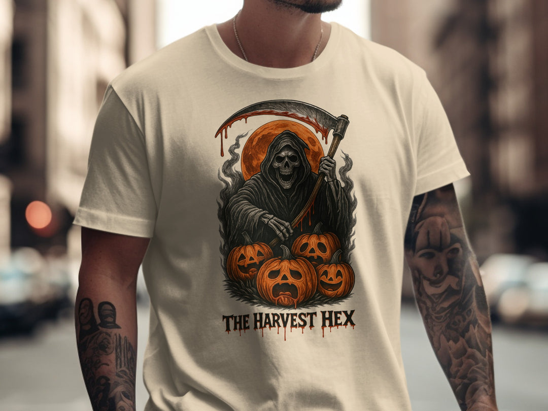 Halloween T-shirt for men with grim reaper, jack-o’-lanterns and harvest moon graphic