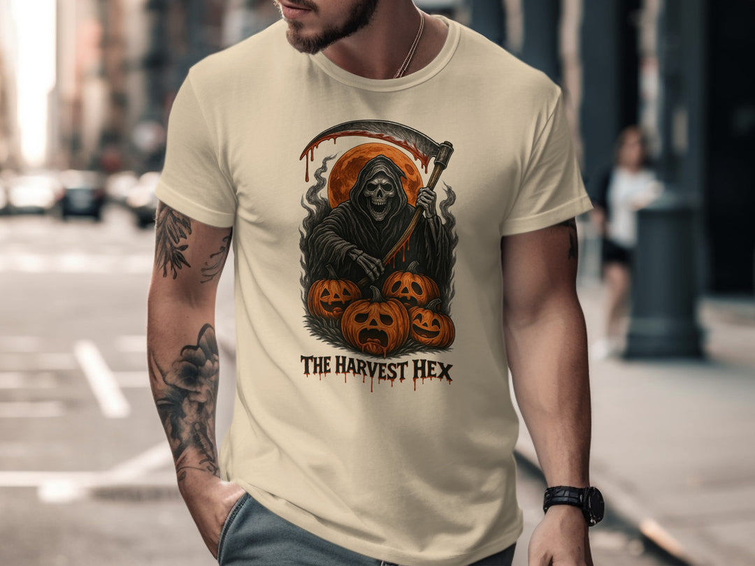 Halloween T-shirt for men with grim reaper, jack-o’-lanterns and harvest moon graphic