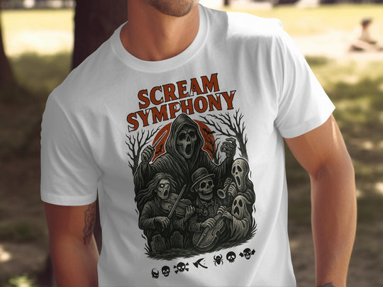 Halloween T-shirt for men with grim reaper conductor, skeleton orchestra and moon