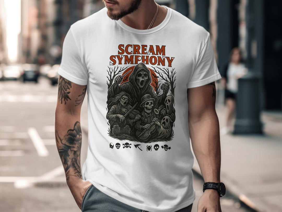 Halloween T-shirt for men with grim reaper conductor, skeleton orchestra and moon