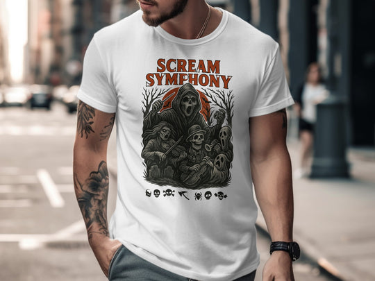 Halloween T-shirt for men with grim reaper conductor, skeleton orchestra and moon