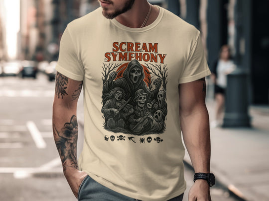 Halloween T-shirt for men with grim reaper conductor, skeleton orchestra and moon