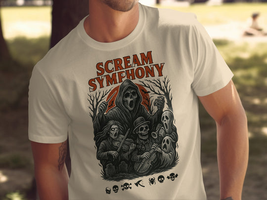 Halloween T-shirt for men with grim reaper conductor, skeleton orchestra and moon