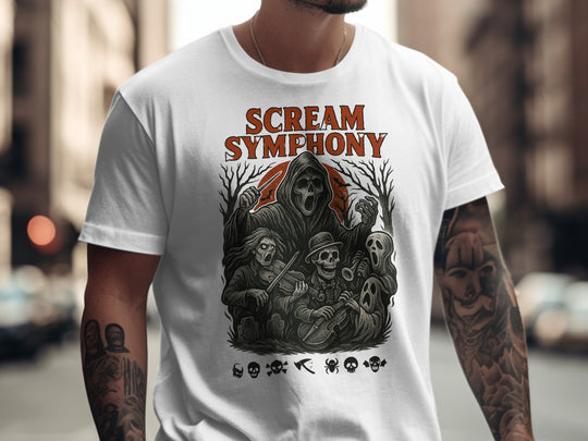 Halloween T-shirt for men with grim reaper conductor, skeleton orchestra and moon