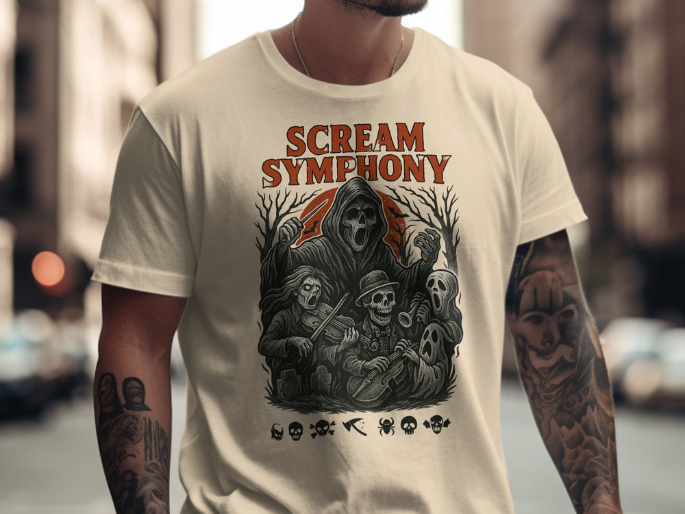 Halloween T-shirt for men with grim reaper conductor, skeleton orchestra and moon