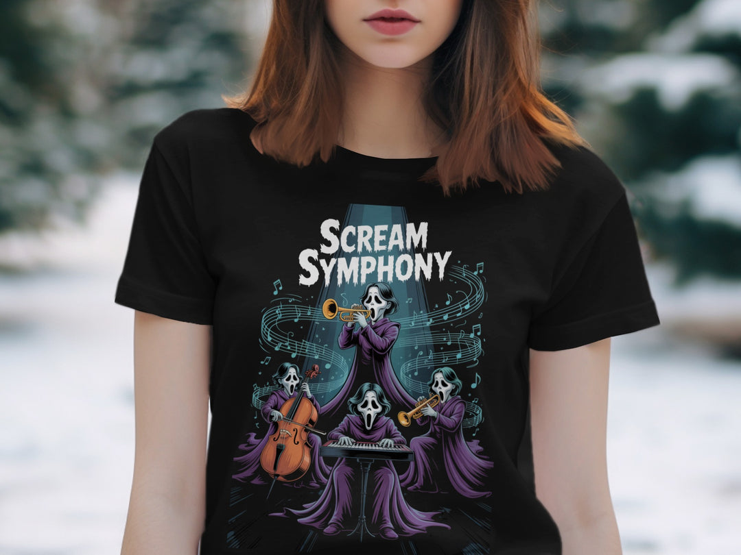 Halloween T-Shirt for Women with “Scream Symphony” masked orchestra graphic