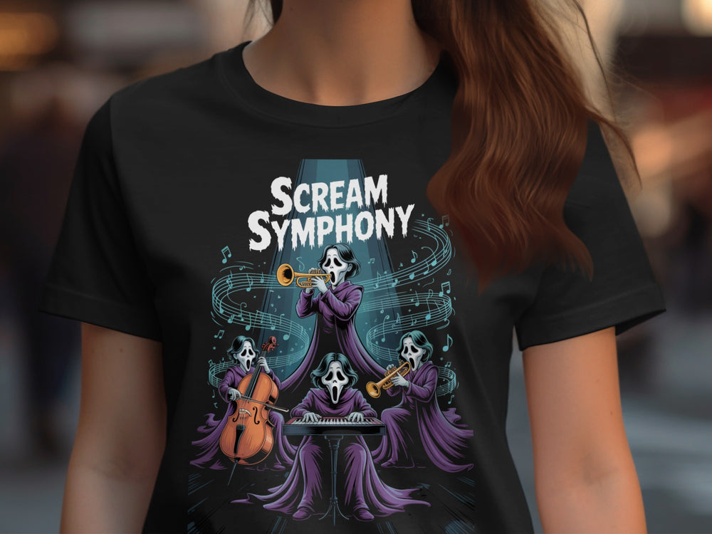 Halloween T-Shirt for Women with “Scream Symphony” masked orchestra graphic