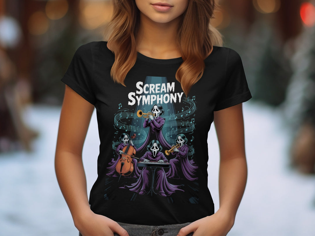 Halloween T-Shirt for Women with “Scream Symphony” masked orchestra graphic