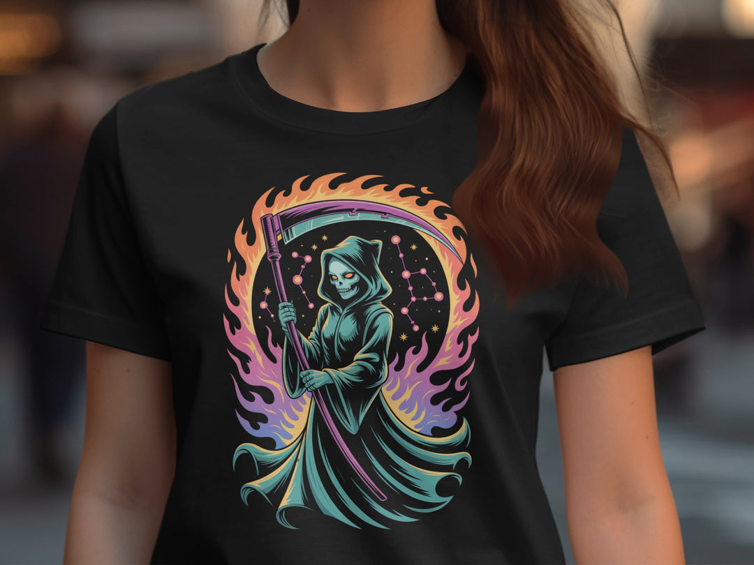 Halloween T-Shirt for Women with cosmic grim reaper and neon flames graphic